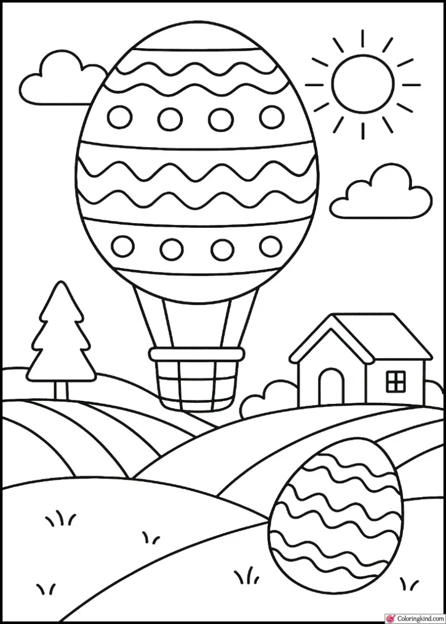 Easter Egg Hot Air Balloon Over a Countryside