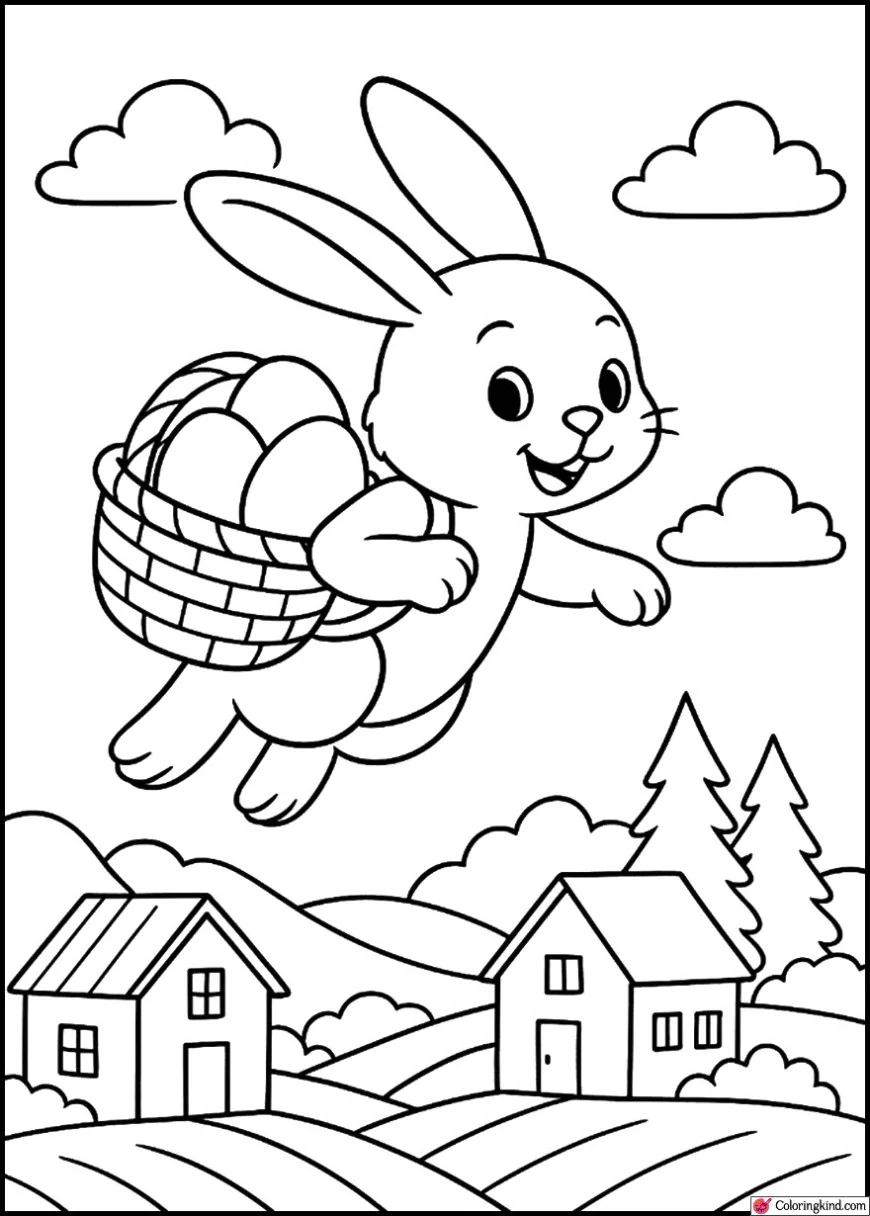 Bunny Flying Over Village with Easter Basket