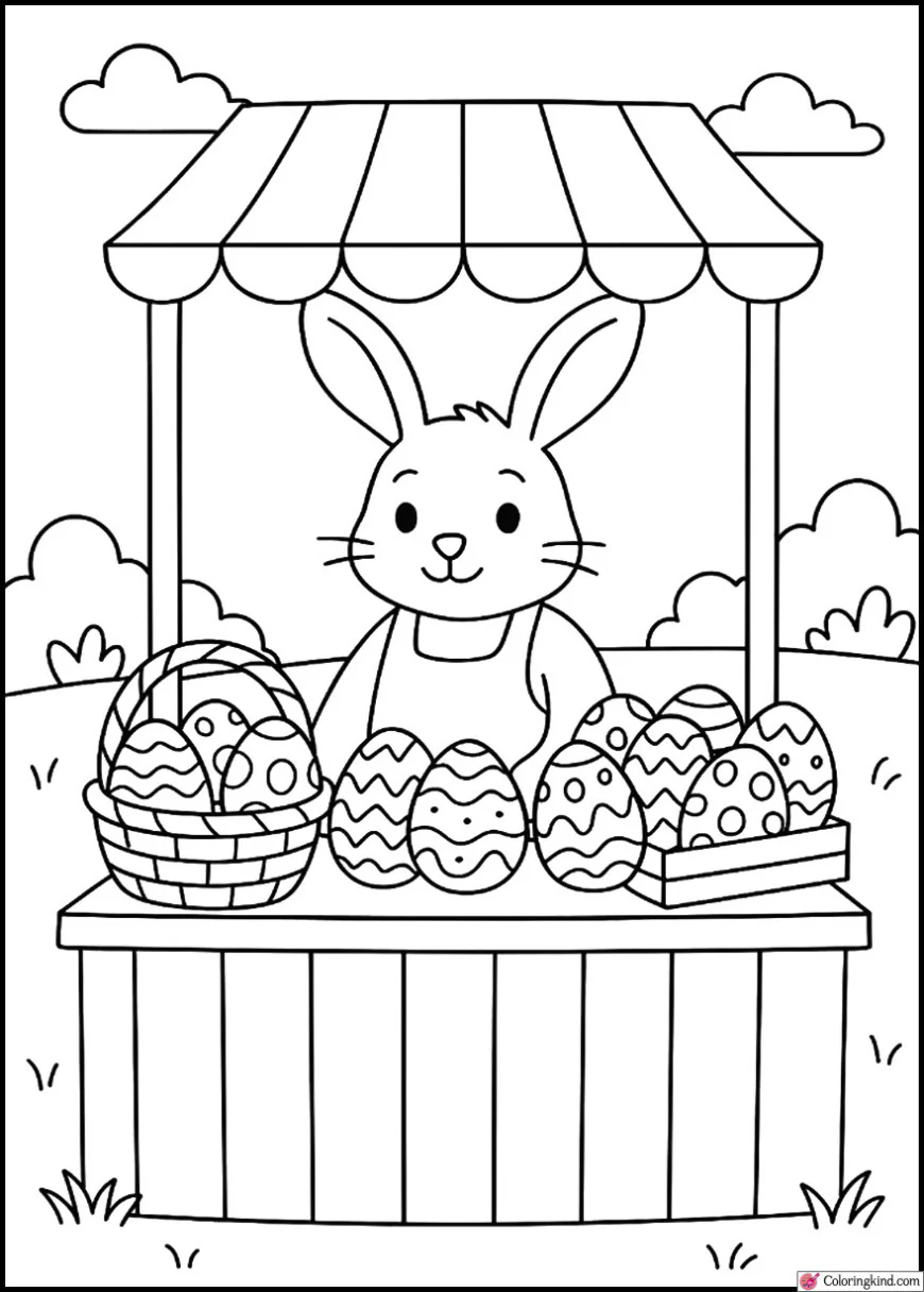Bunny at Market Stall Selling Painted Eggs