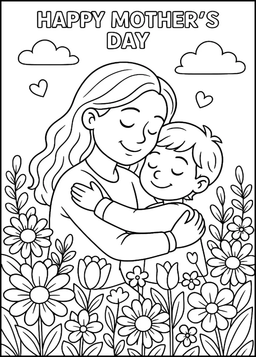 Mother Hugging Child in a Flower Garden