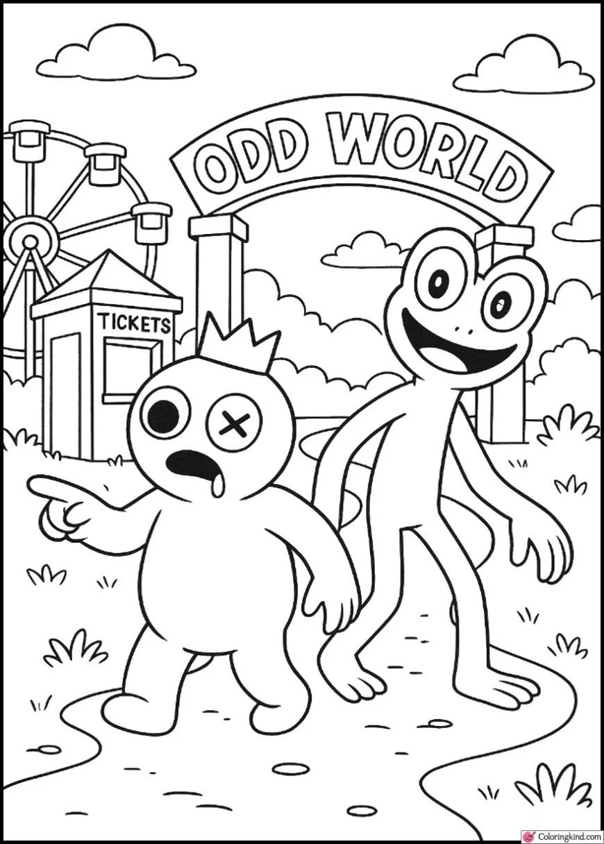 Blue and Green Rainbow Friends exploring Odd World