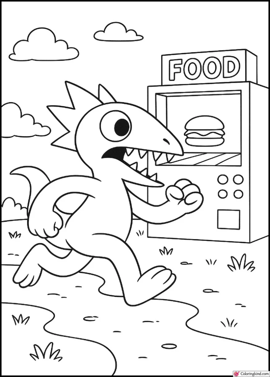 Orange Rainbow Friend running near the food machine