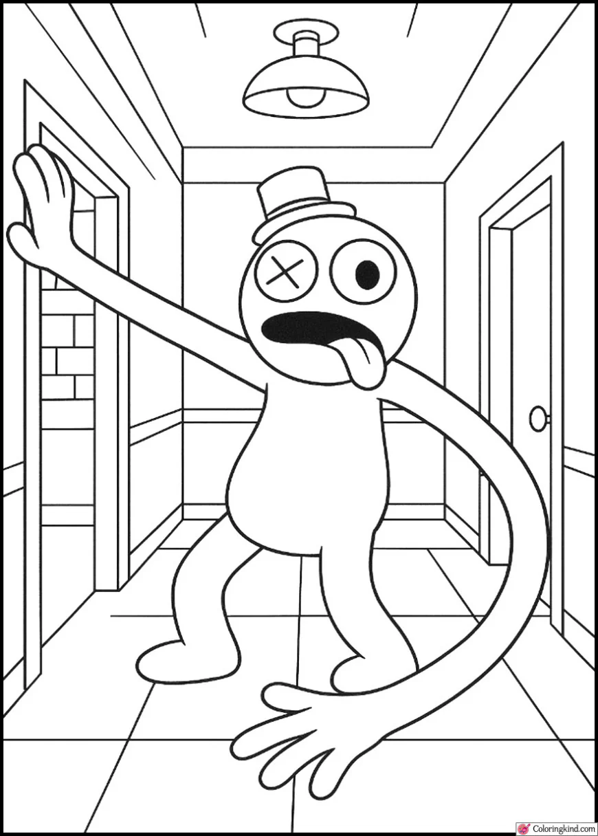 Green Rainbow Friend stretching his long arms in the hallway