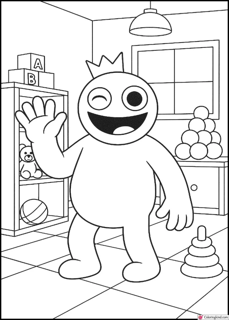 Blue Rainbow Friend waving happily in the playroom