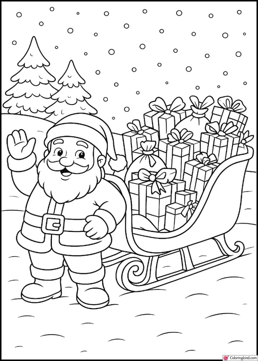 Santa Claus waving beside his sleigh full of gifts