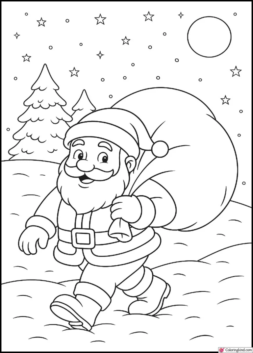 Santa carrying a big sack of presents on snowy night
