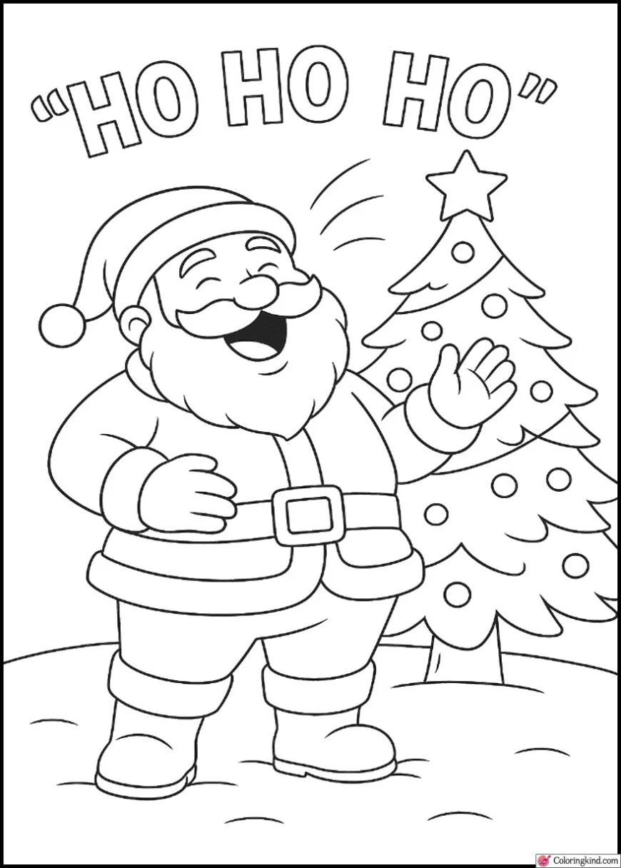 Santa laughing “Ho Ho Ho” near Christmas tree