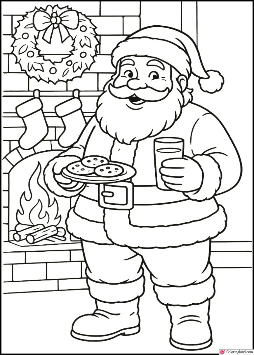 Santa holding milk and cookies by fireplace