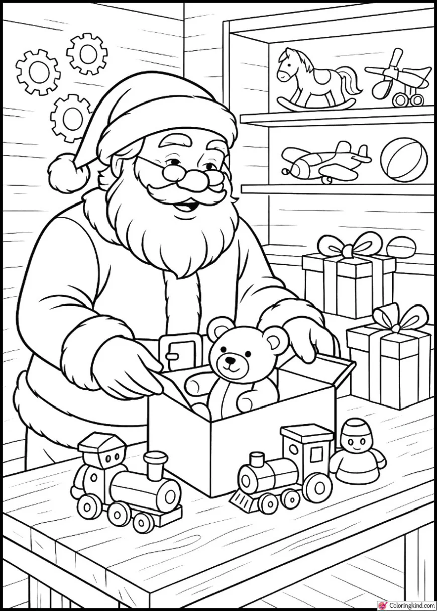 Santa packing toys in workshop