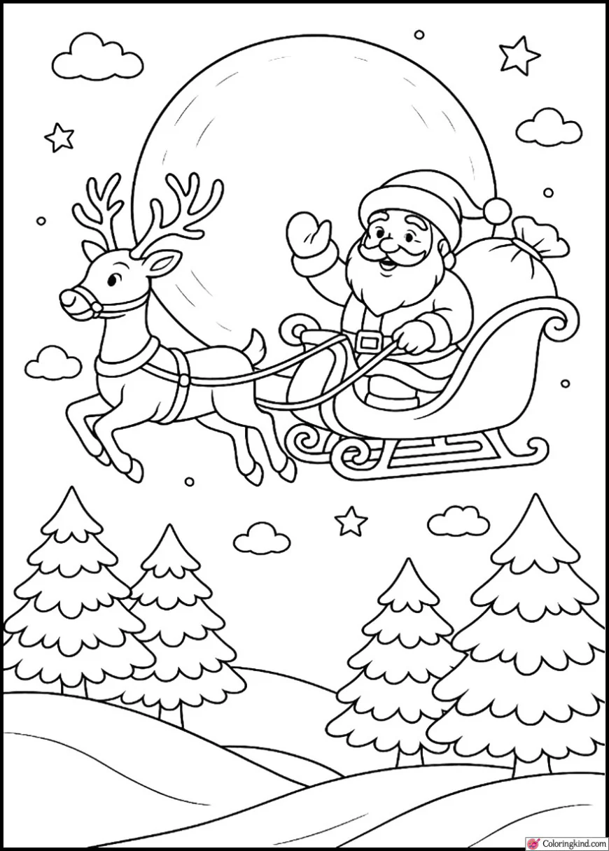 Santa flying in sleigh with reindeer across full moon