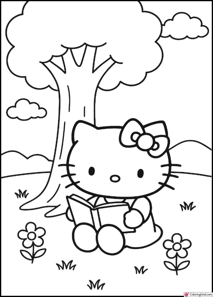 Hello Kitty reading a book in the park