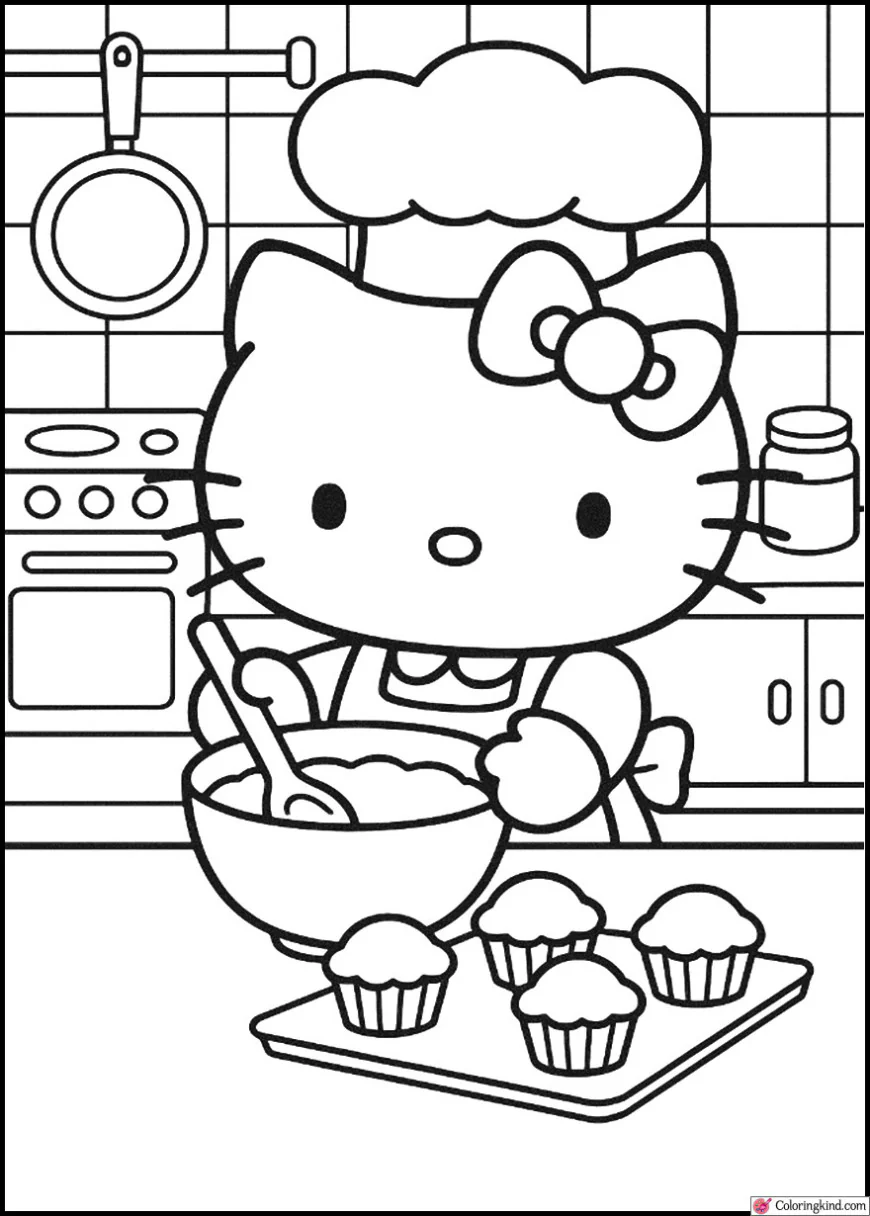 Hello Kitty cooking cupcakes in the kitchen