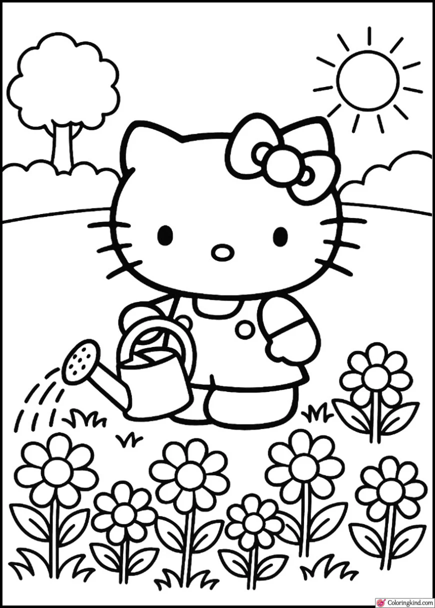 Hello Kitty watering flowers in her garden