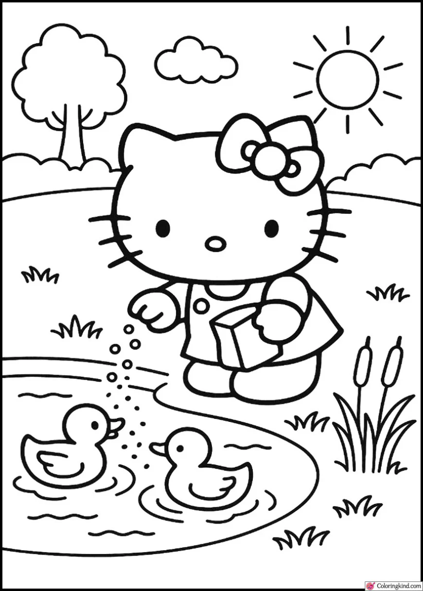 Hello Kitty feeding ducks at the pond