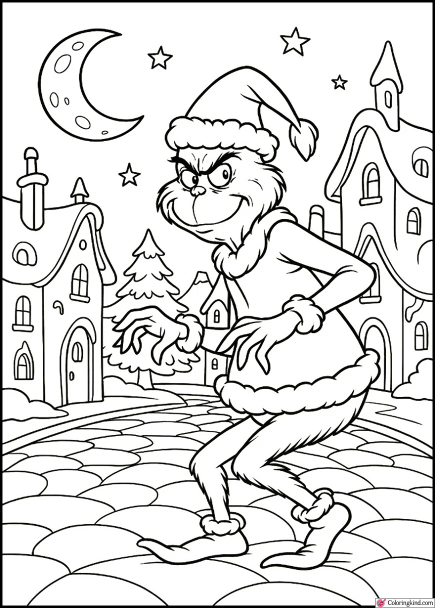 The Grinch sneaking through Whoville at midnight