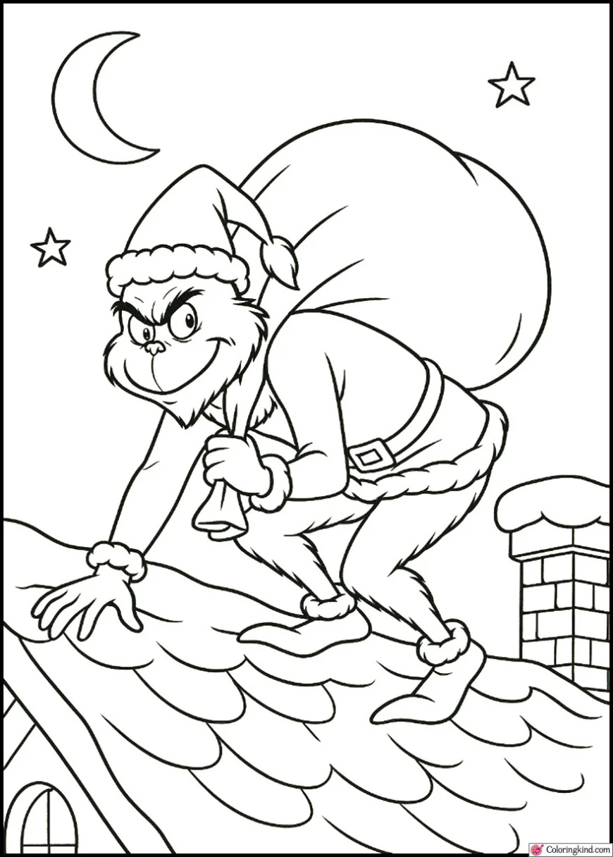 The Grinch climbing a rooftop with a big sack