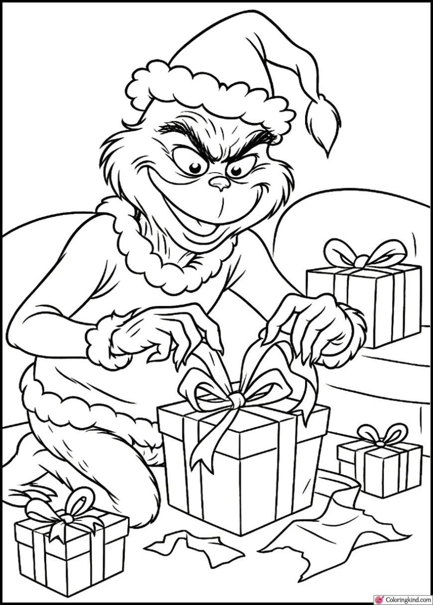 The Grinch unwrapping stolen gifts with a grin