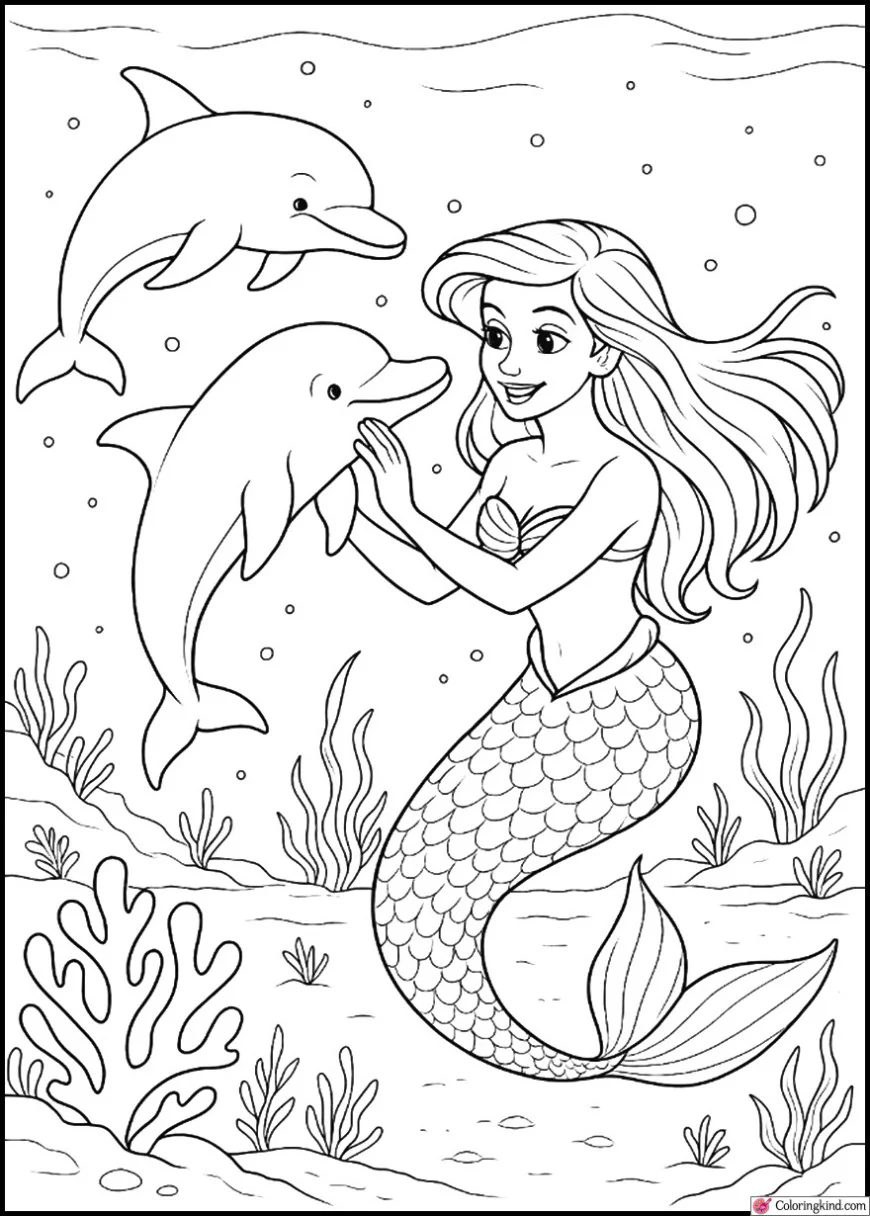 Ariel playing with dolphins near the ocean floor
