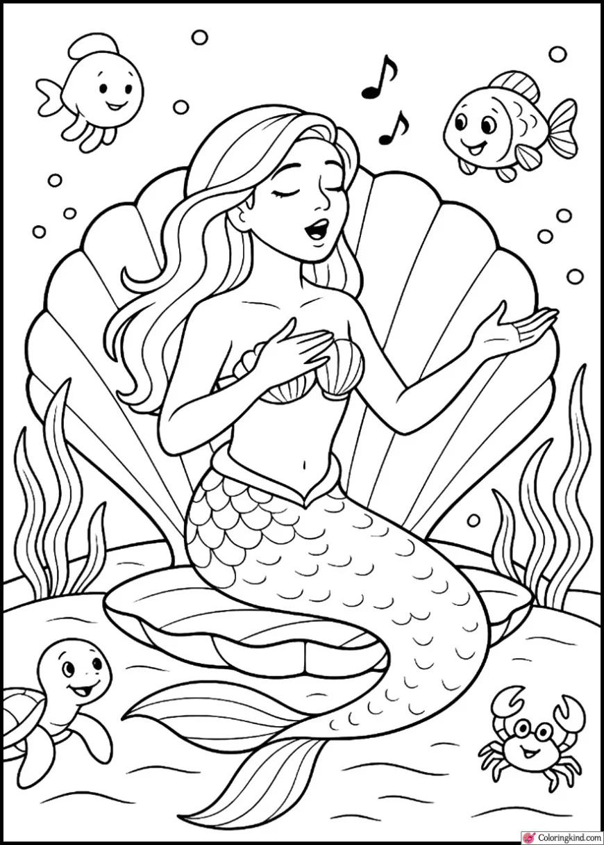 Ariel singing to colorful sea creatures in a shell concert