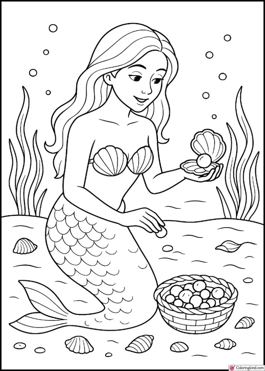 Mermaid collecting shiny seashells and pearls