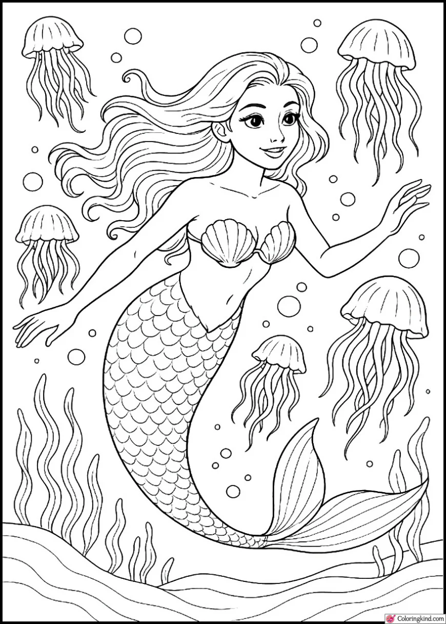 The Mermaid swimming through glowing jellyfish