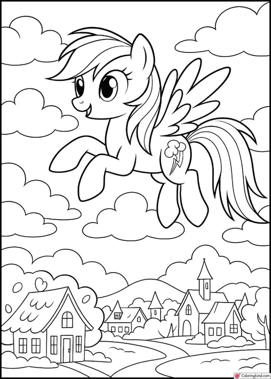 Rainbow Dash flying through the clouds above Ponyville