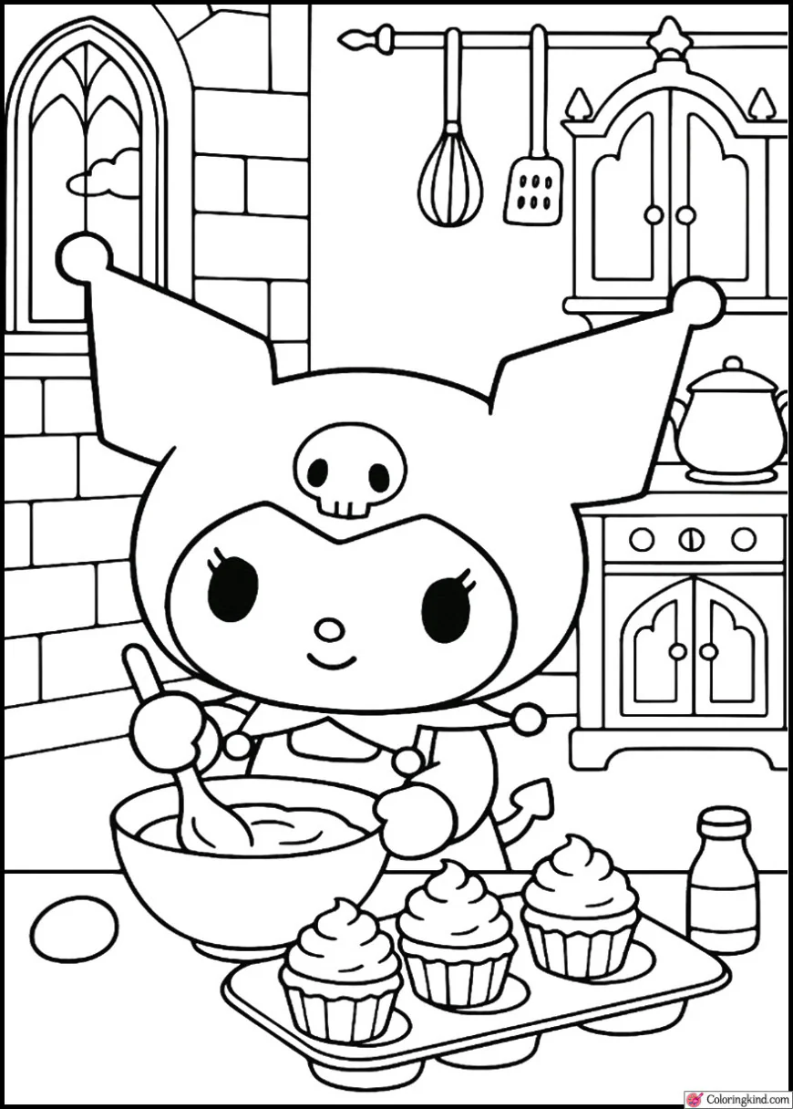 Kuromi baking cupcakes in her gothic kitchen