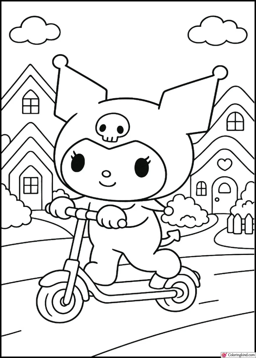 Kuromi riding a scooter through My Melody Town