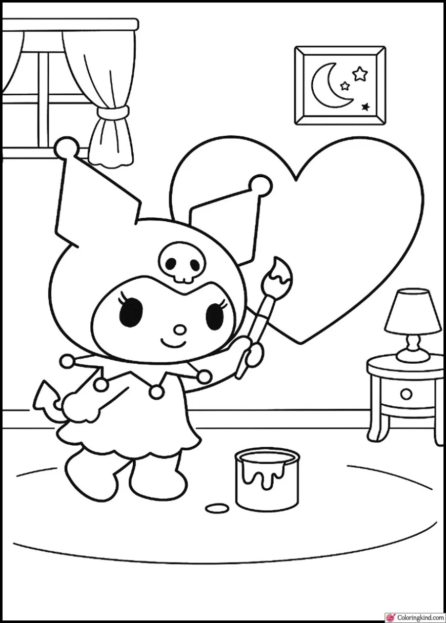 Kuromi painting big heart on her bedroom wall