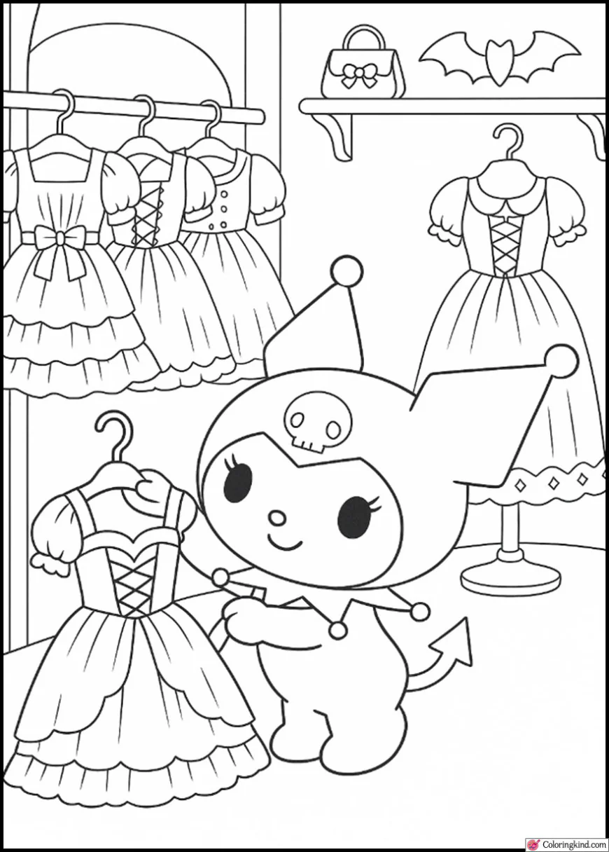 Kuromi shopping for gothic dresses in a boutique