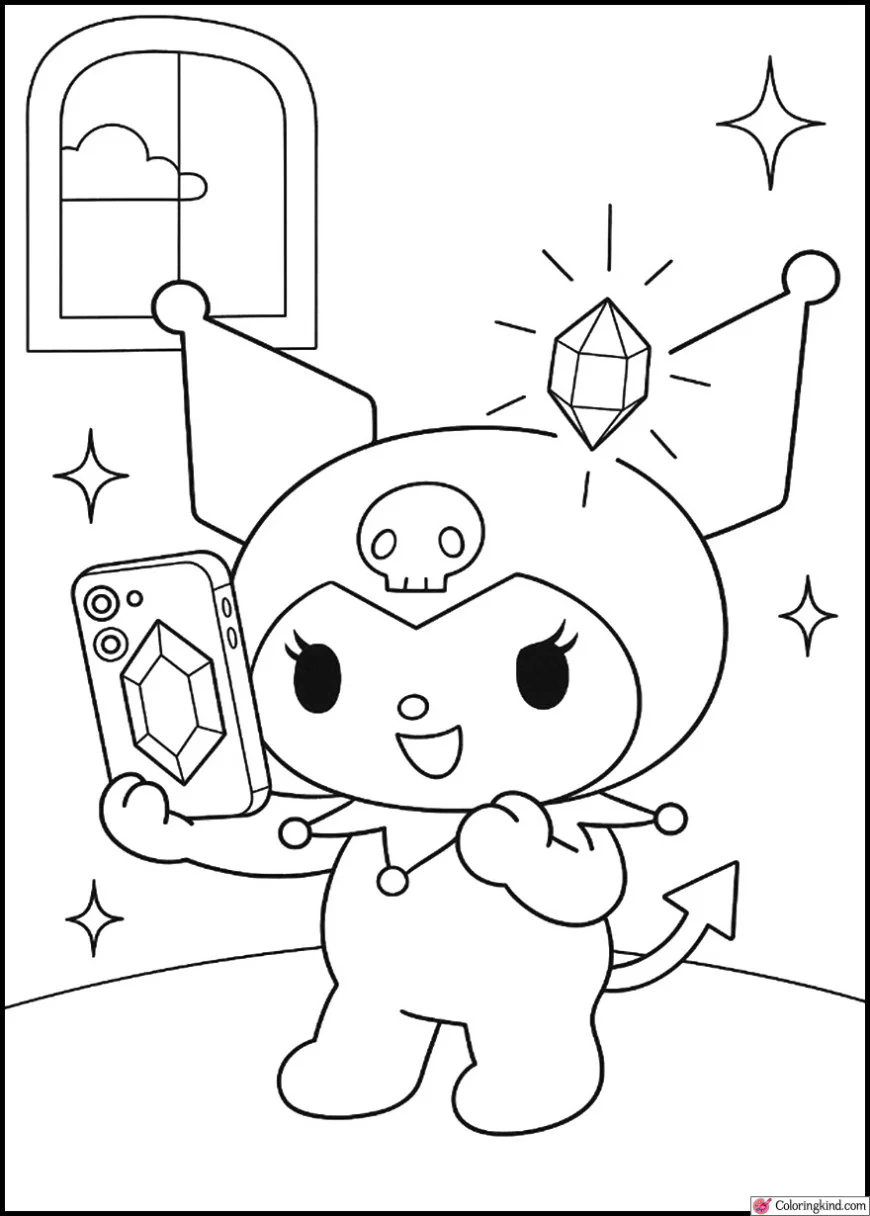 Kuromi taking selfies with her crystal phone