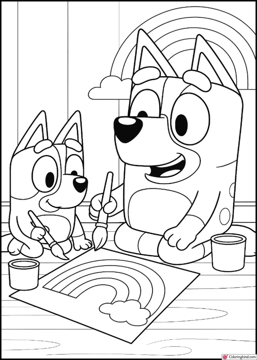 Bluey and Bingo painting colorful rainbows
