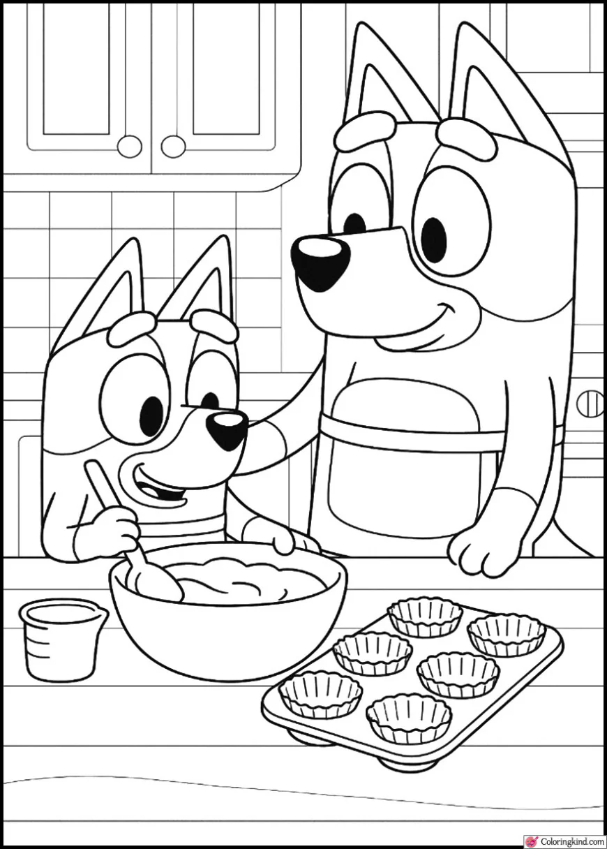 Bluey baking cupcakes with Mum in the kitchen