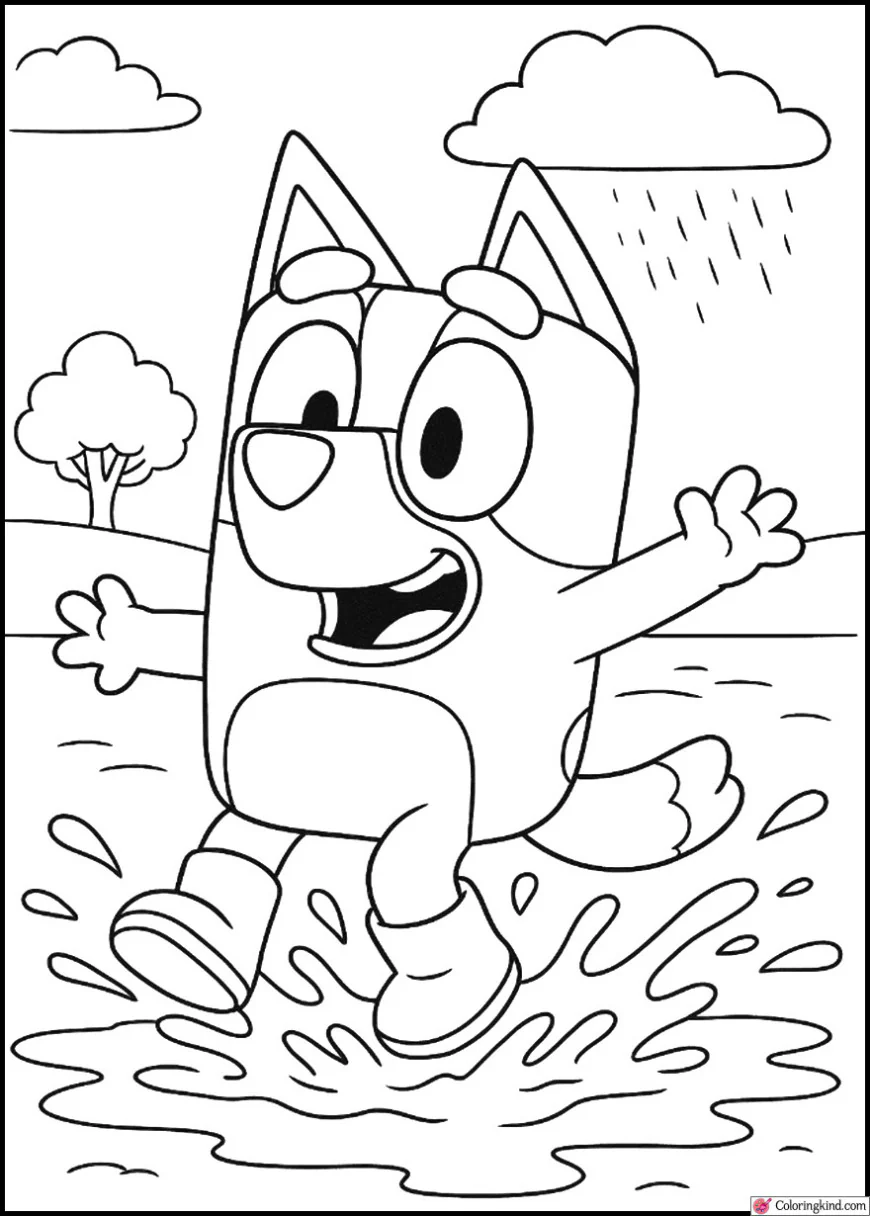 Bluey splashing in muddy puddles after rain