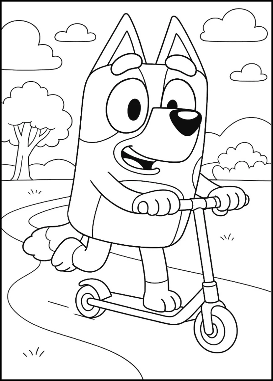 Bluey riding her scooter through the park