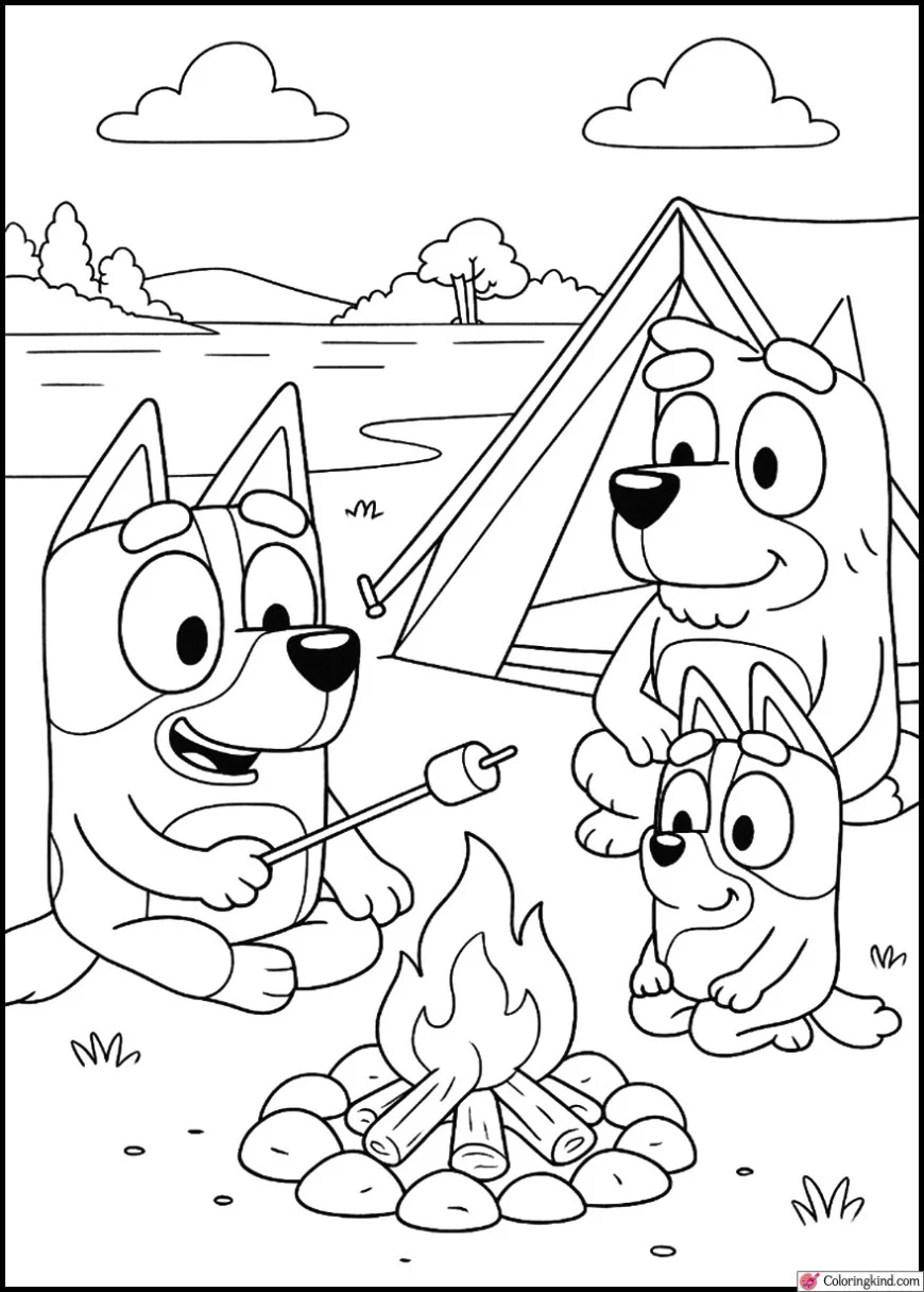 Bluey camping with Bingo and Dad near a lake