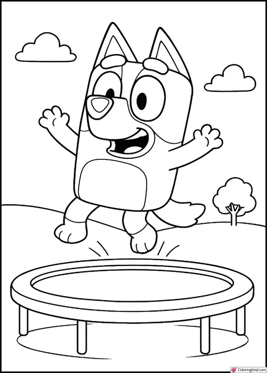 Bluey jumping on the trampoline