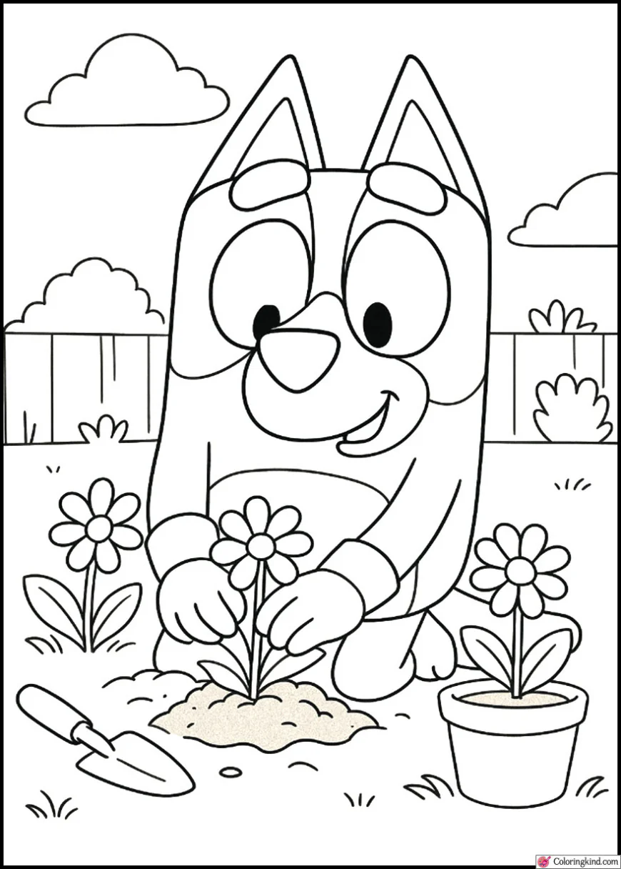 Bluey planting flowers in the garden