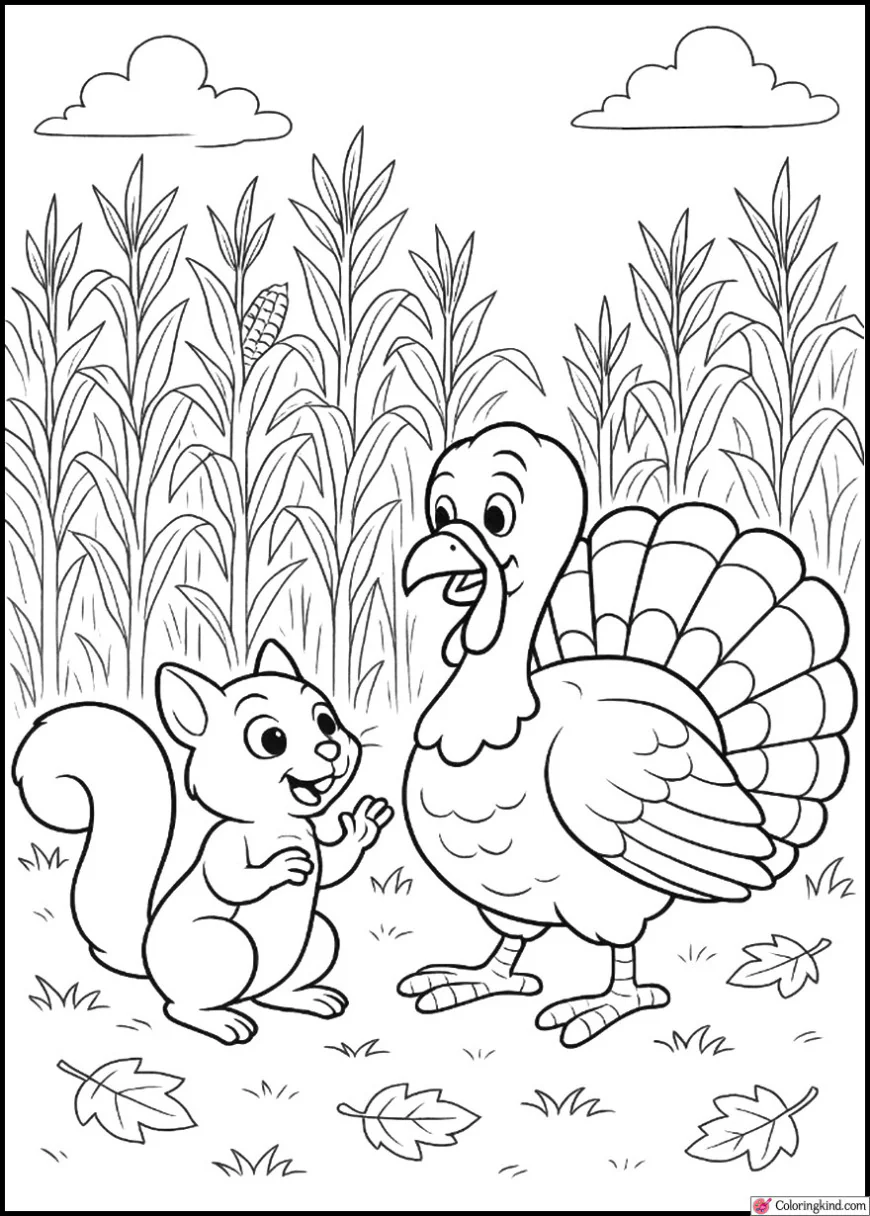 Squirrel and Turkey Playing Near a Corn Field