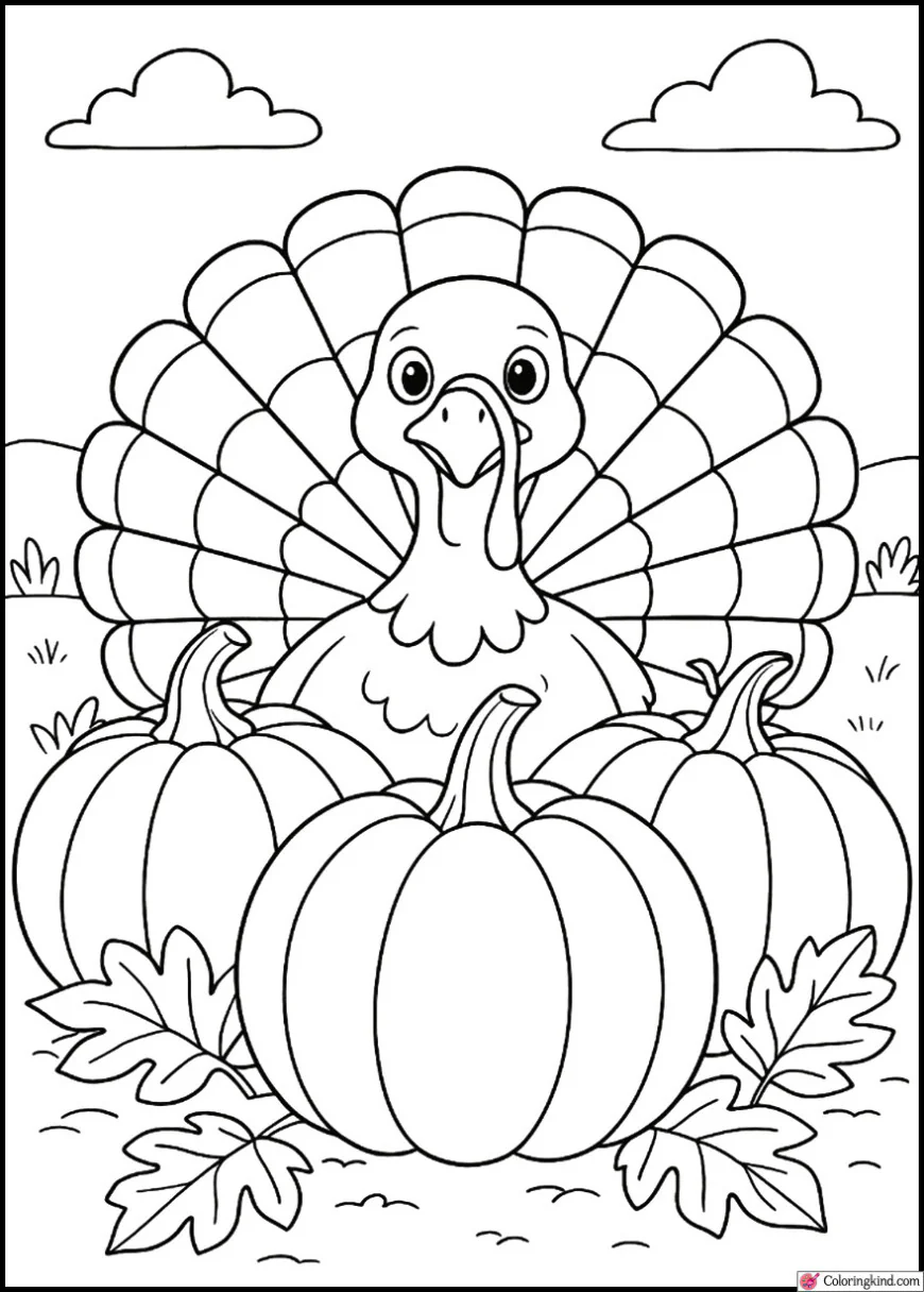Turkey Hiding Behind Pumpkins