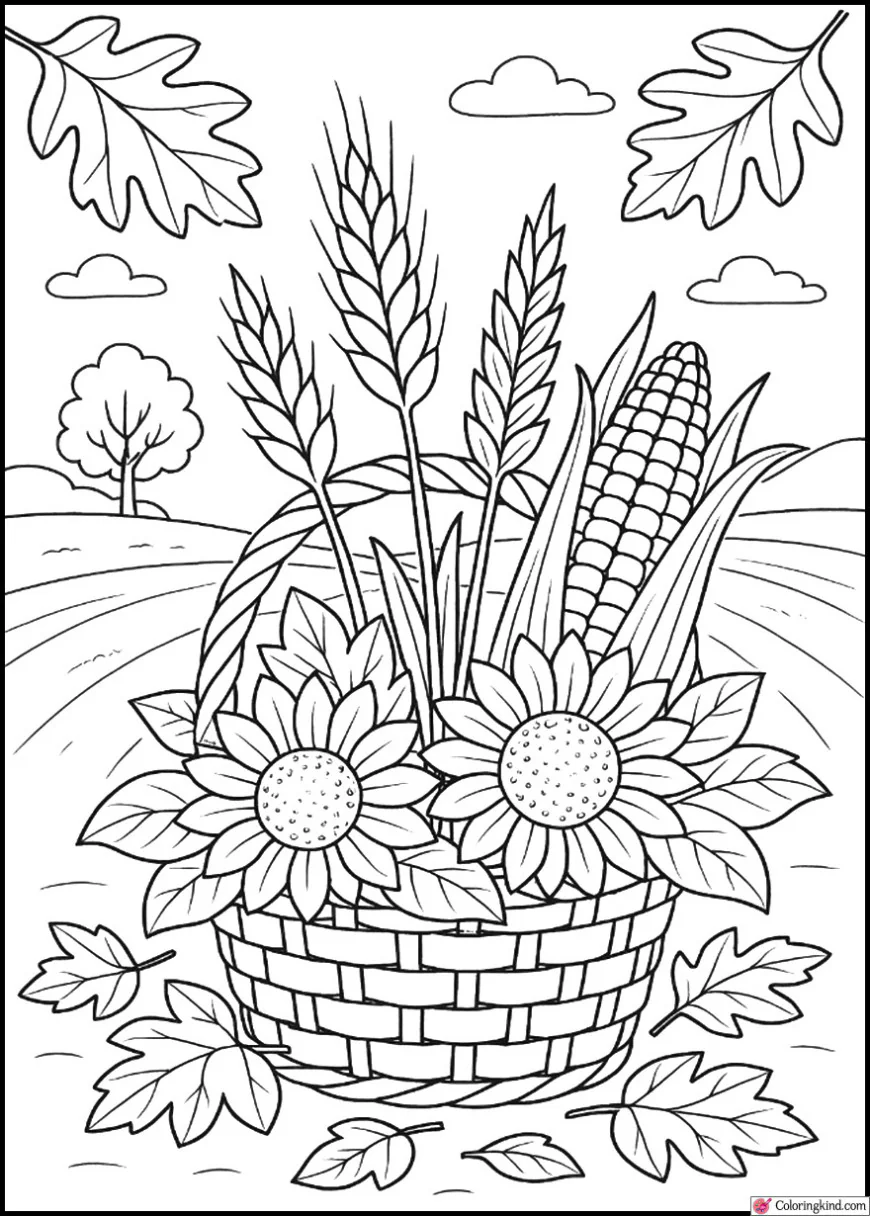 Autumn Basket with Wheat, Corn, and Flowers
