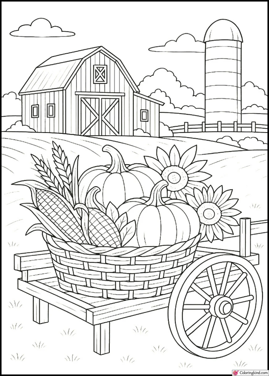 Thanksgiving Basket on a Wagon by the Farm