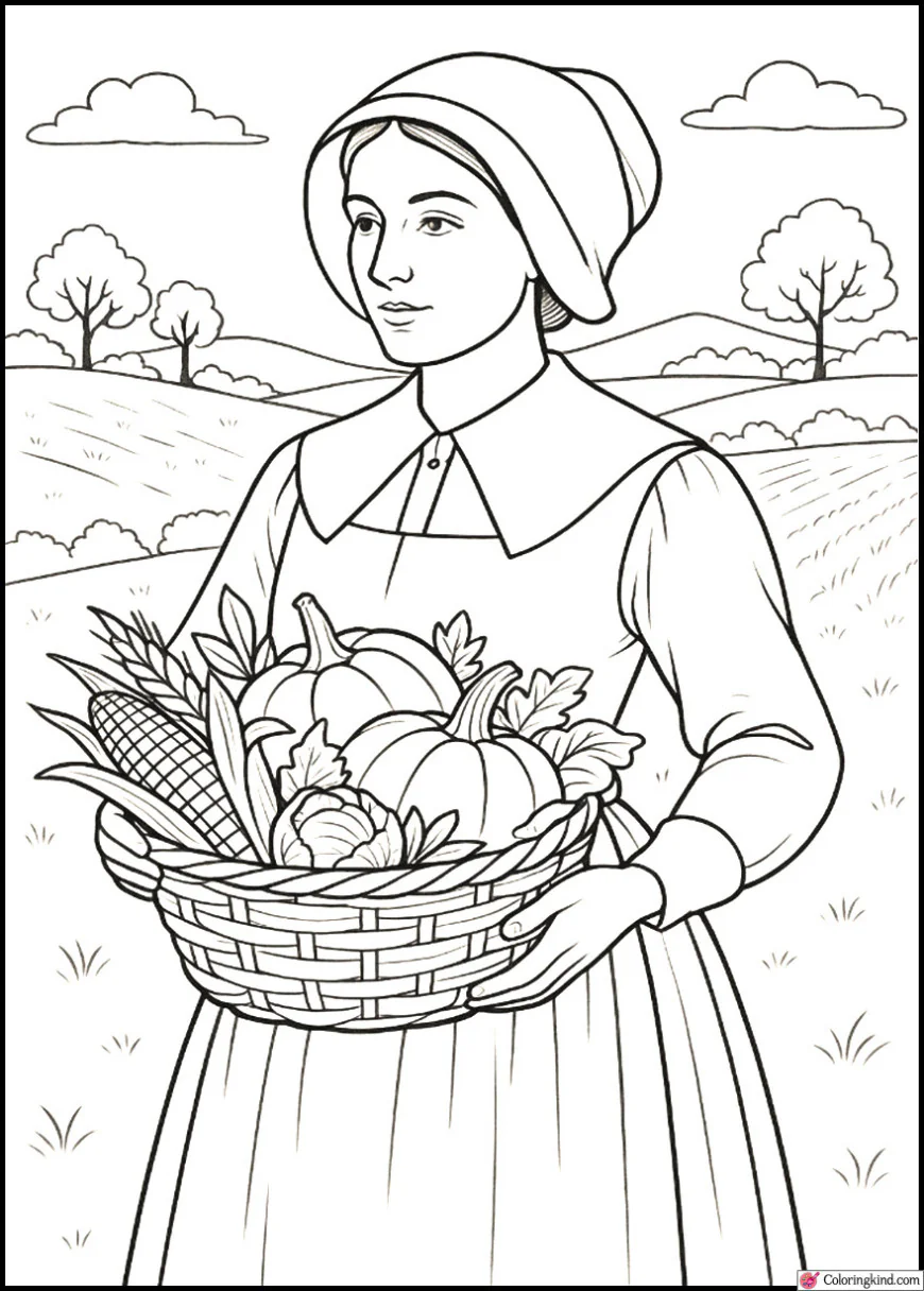 Pilgrim Woman Carrying a Harvest Basket