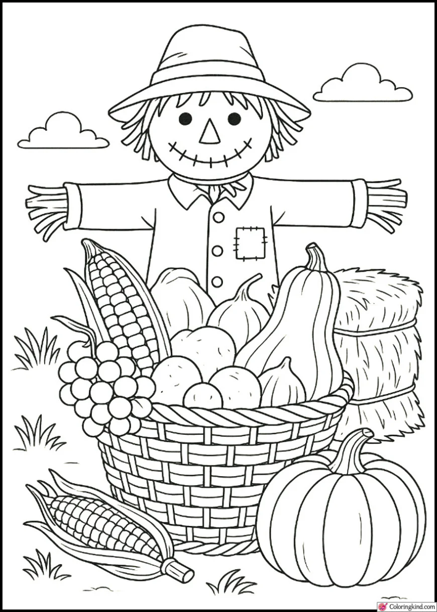 Autumn Basket Surrounded by Scarecrow and Hay