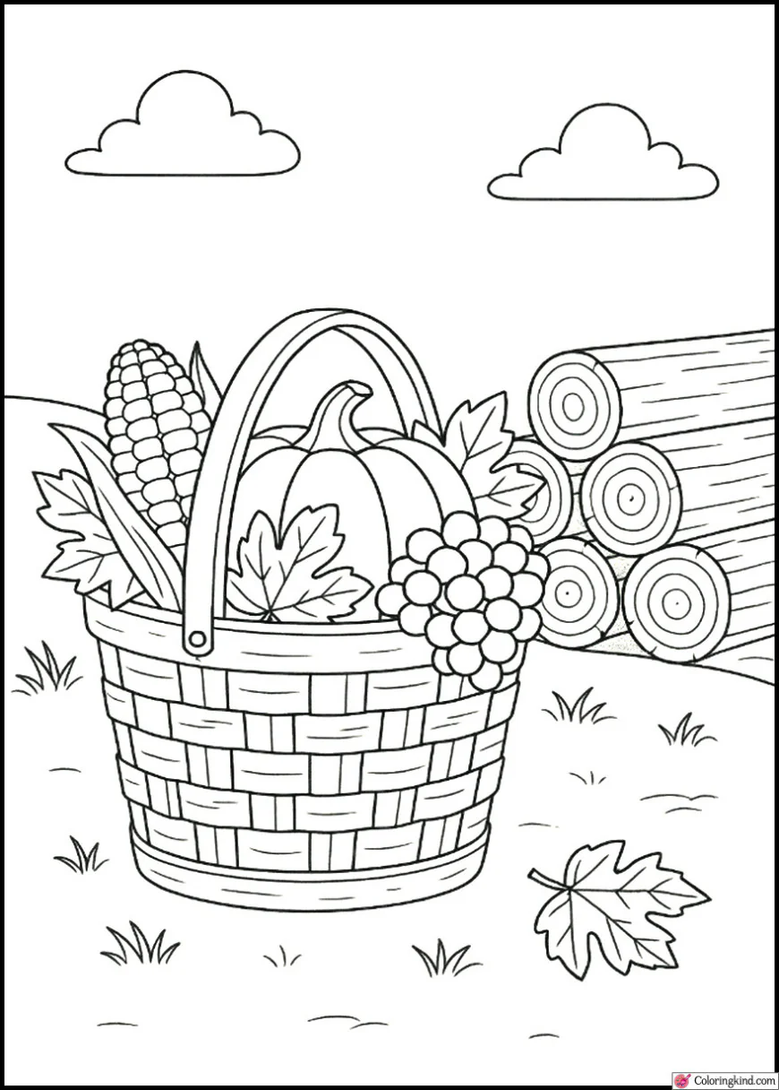 Thanksgiving Basket Next to a Firewood Stack