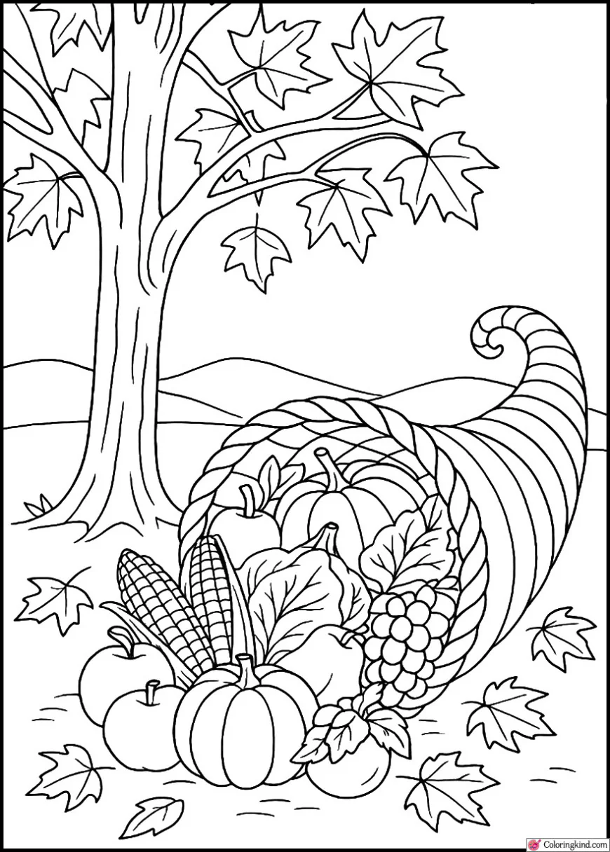 Thanksgiving Cornucopia Basket Under a Maple Tree