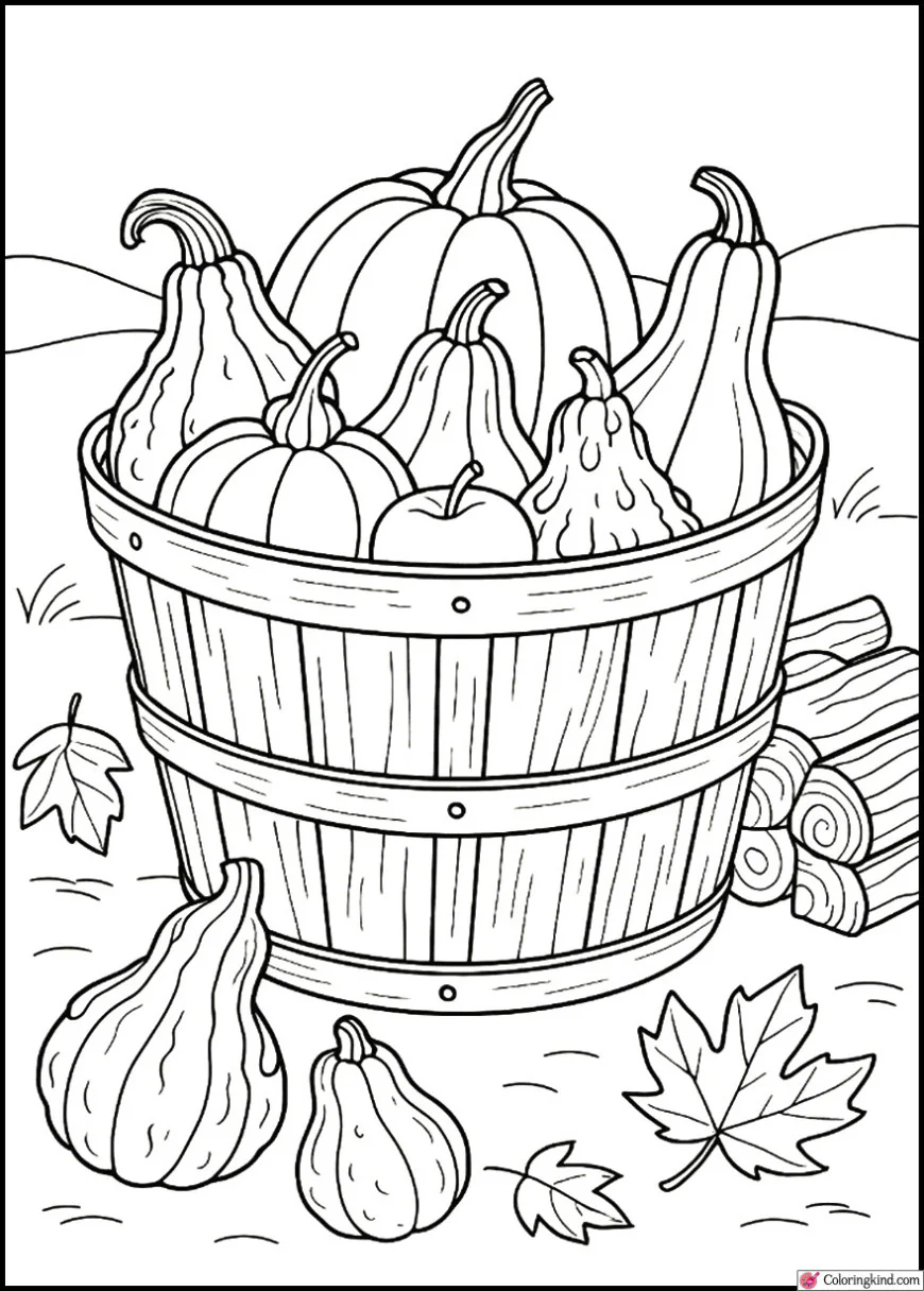 Wooden Basket Filled with Colorful Gourds