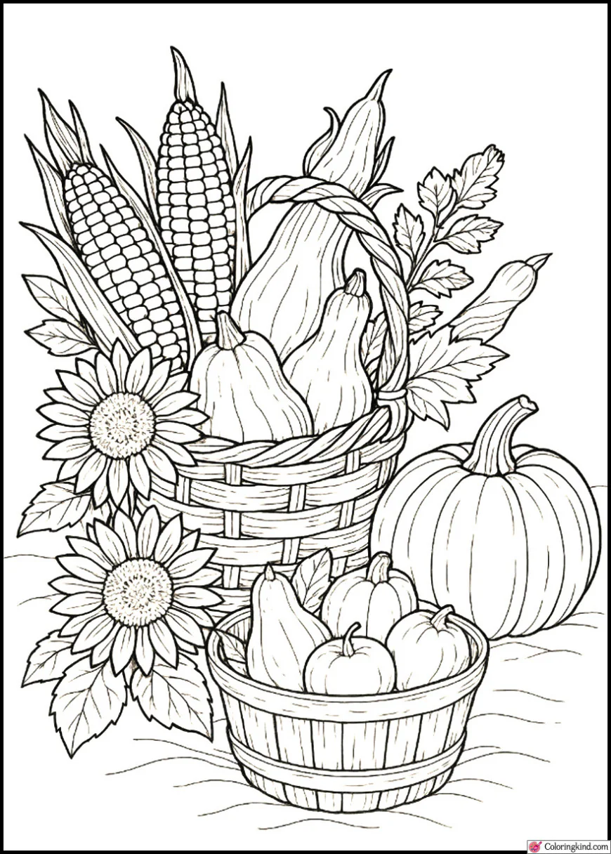 Basket of Corn, Squash, and Fall Flowers