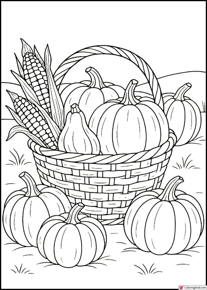 Harvest Basket Filled with Pumpkins and Corn