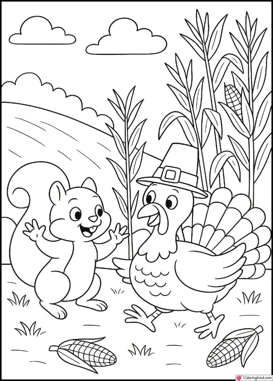 Squirrel and Turkey Playing Near a Corn Field